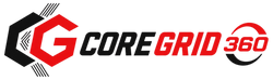 The logo for Core Grid 360, featuring a stylized red and black 'G' with black and red text on a white background.